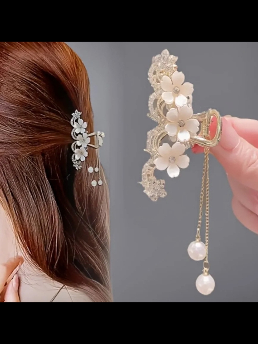 Elegant Gold Crystal Floral with Pearl Tassel Hair Clip Bridal Coquette Girl NEW